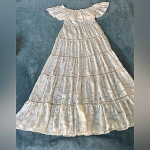 Anthropologie Champagne&Strawberry Maxi Tier Dress Cream Boho Lace Floral Small